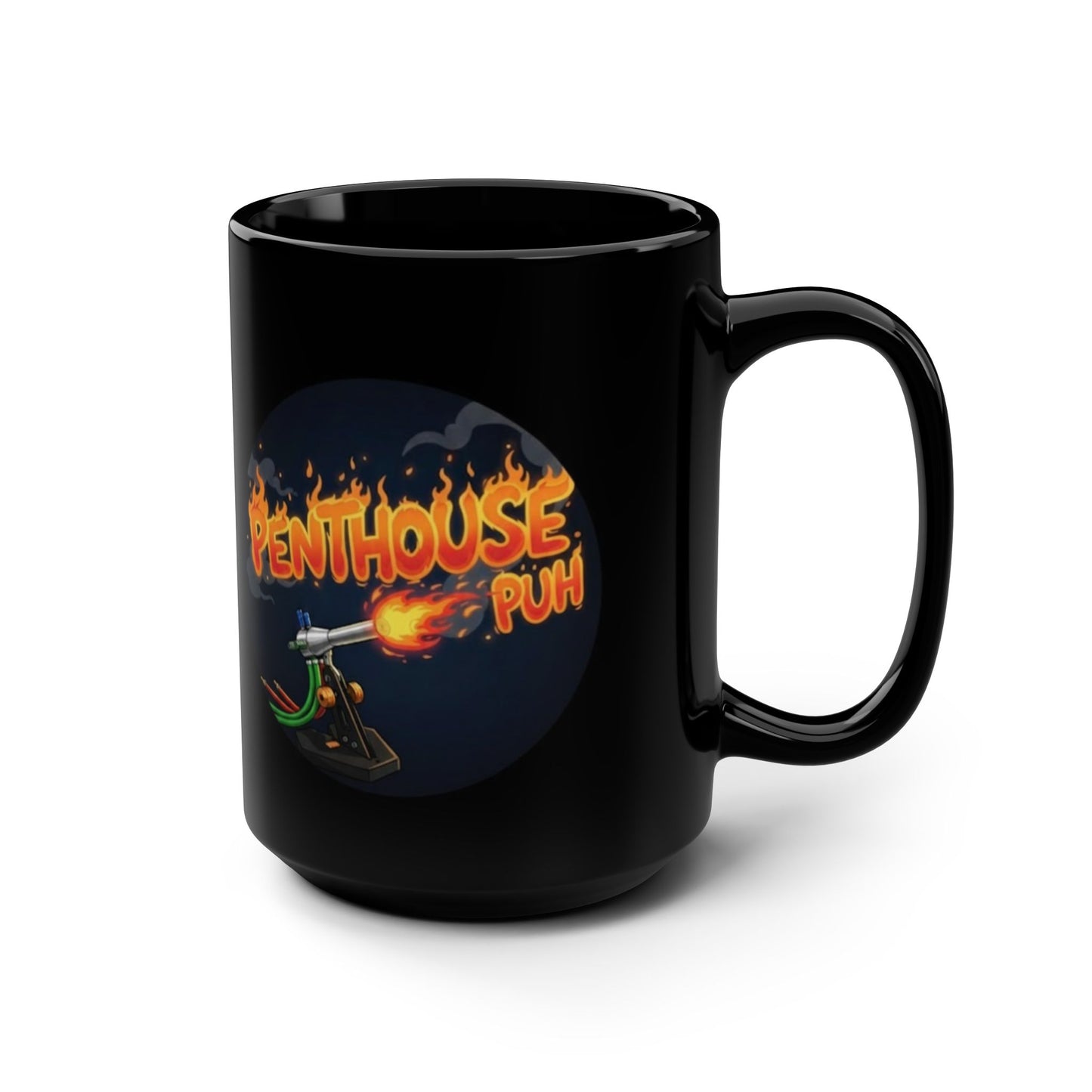 Black 15oz Mug — 'Penthouse Puh' Flame-Thrower Graphic Coffee Cup