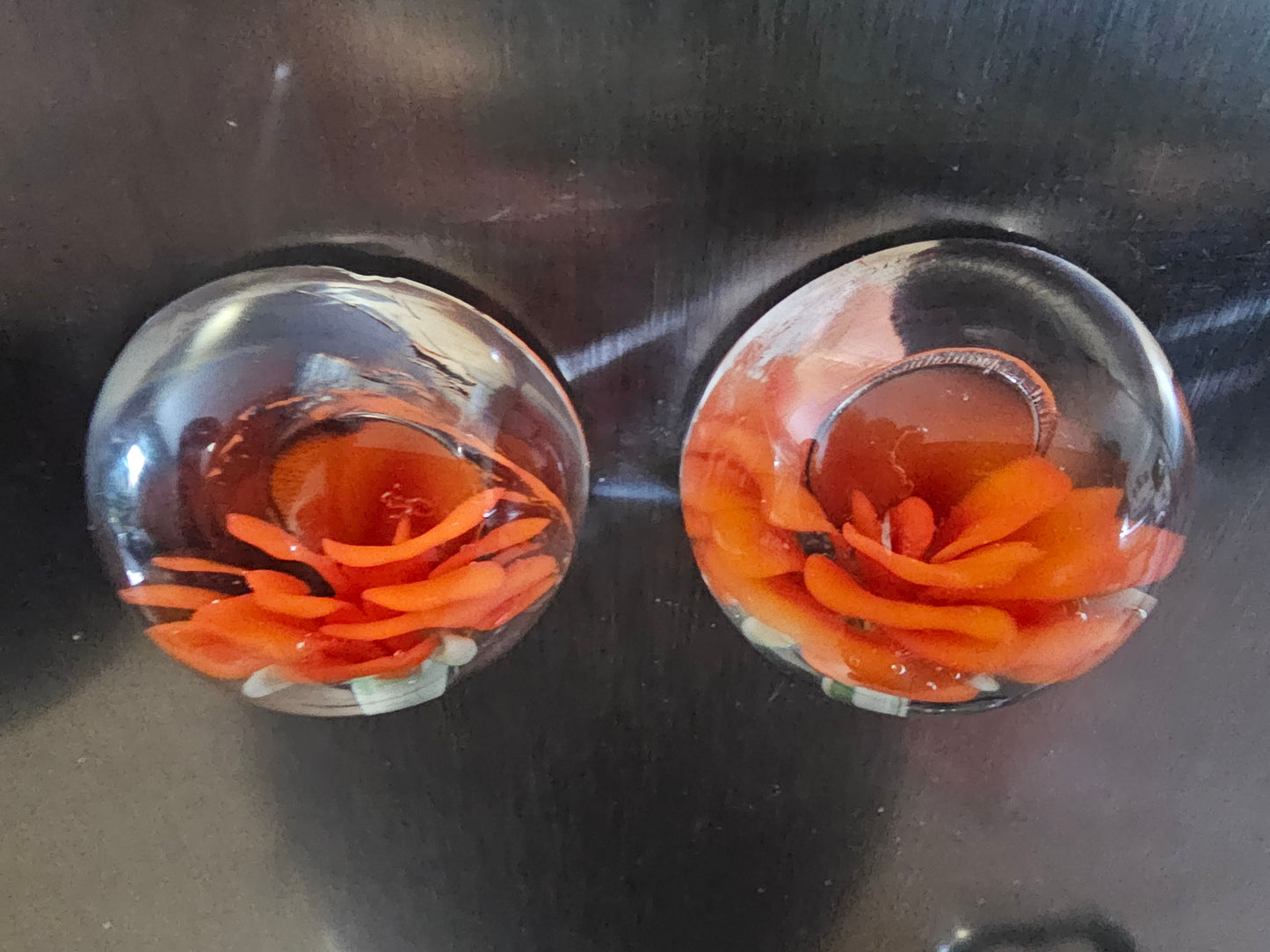 2 Piece Lava Orange & Poppy Red 1/2 Floral Marble Magnet Set