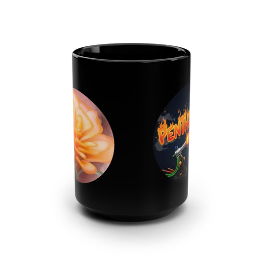 Black 15oz Mug — 'Penthouse Puh' Flame-Thrower Graphic Coffee Cup